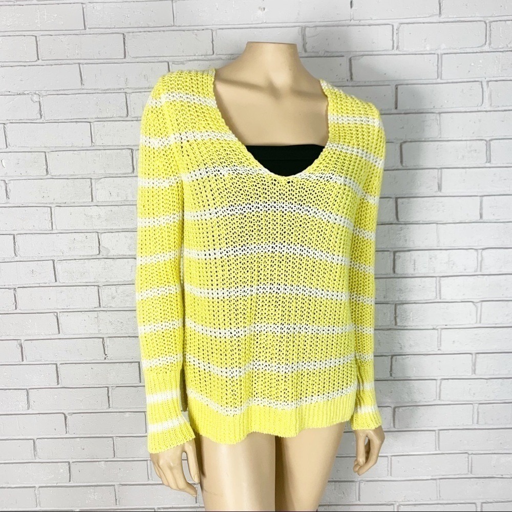 Banana‎ Republic Womens Yellow White Striped 100% Italian Linen V-Neck Sweater S